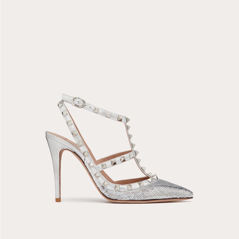 Valentino Silver Rockstud Heels with sequin embroidery
